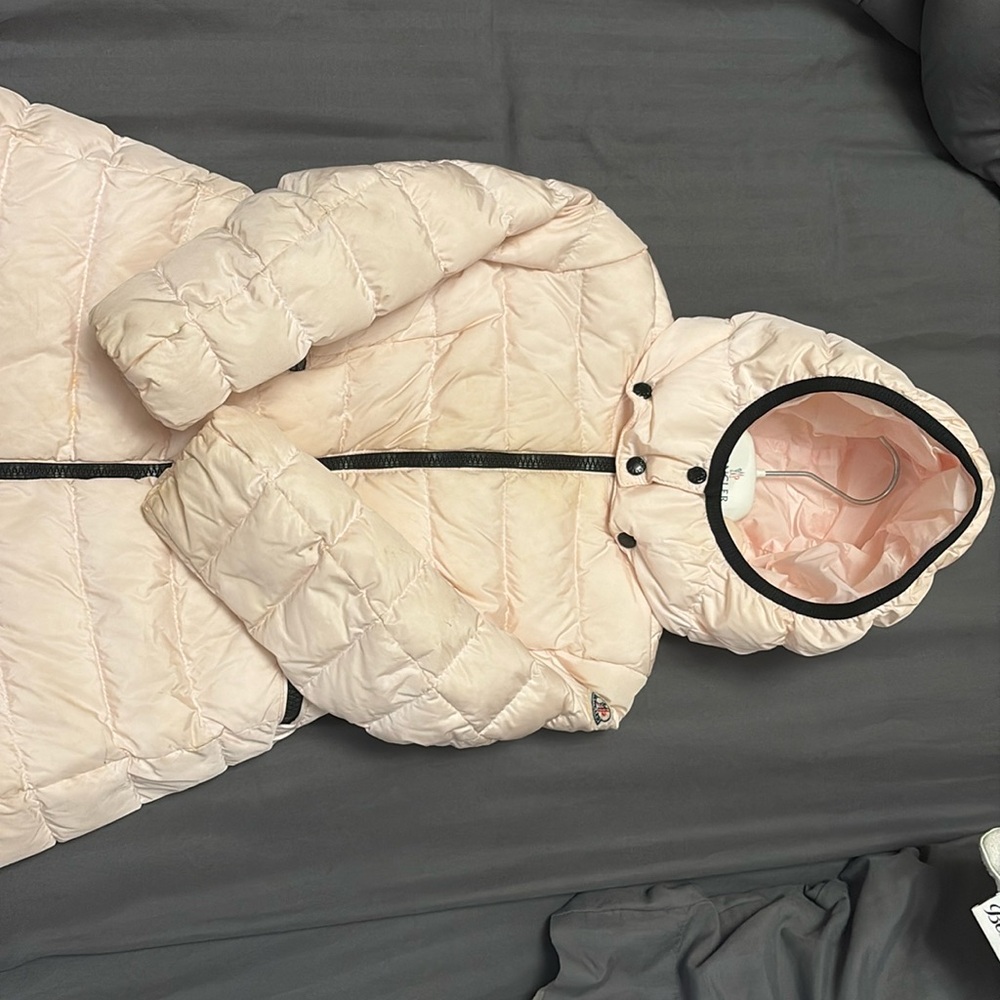 MONCLER girls light pink and black puffer long coat size 4 with detachable hood